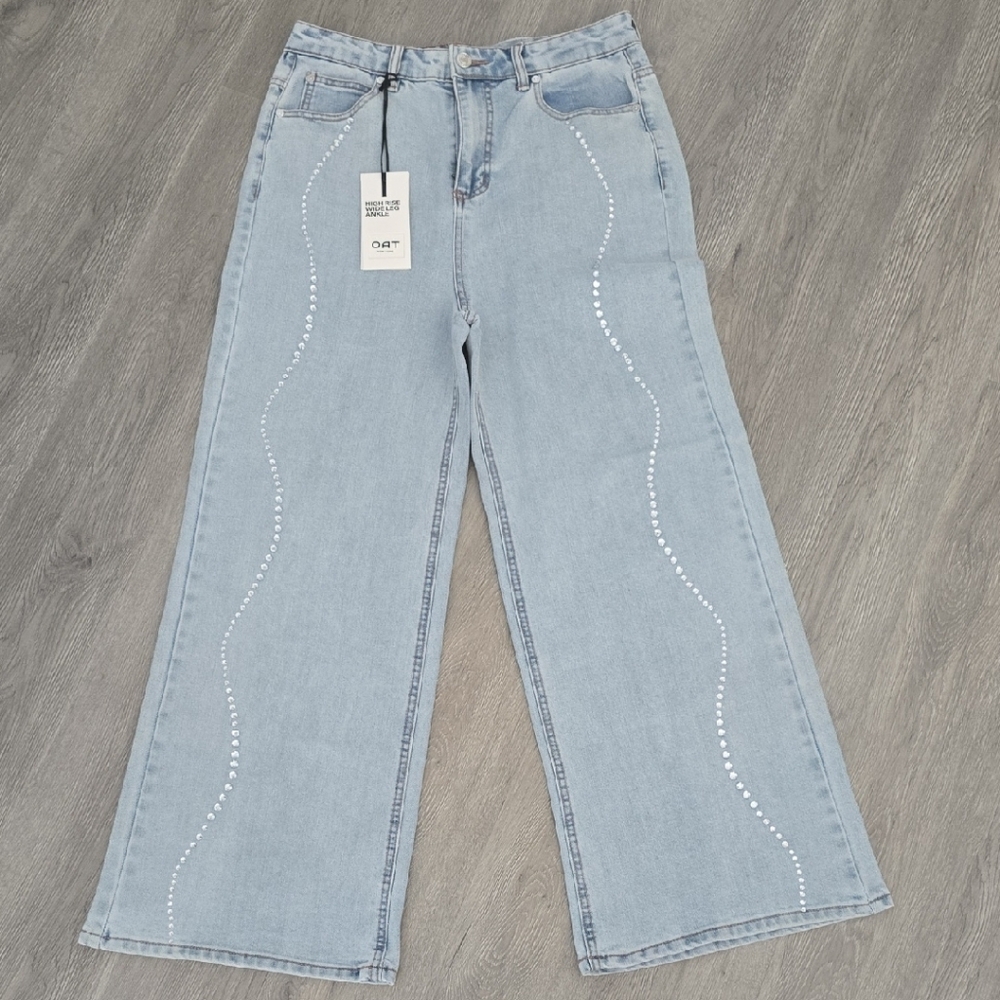 Oat New York Light Blue Flare Jeans with Rhinestone Detail